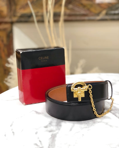 CELINE Horse Bit Chain Leather Belt Black Vintage uytb44