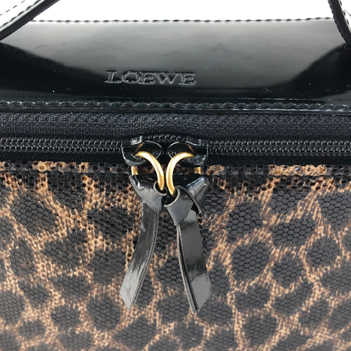 LOEWE Leopard Vanity Enamel Handbag Mini Bag Black Brown vintage Old x7rt6f