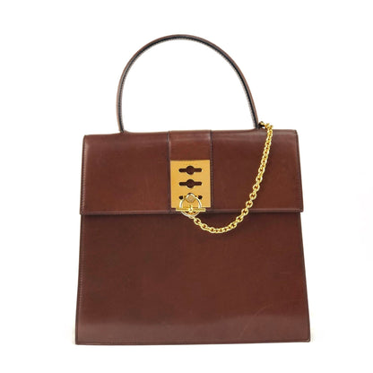 CELINE Triple Gancini Mantel Kelly Leather Handbag Brown vintage Old Celine iz86nn