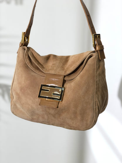 FENDI Mamma Baguette Suede Leather Shoulder bag Hobobag Beige Vintage 5k8avr