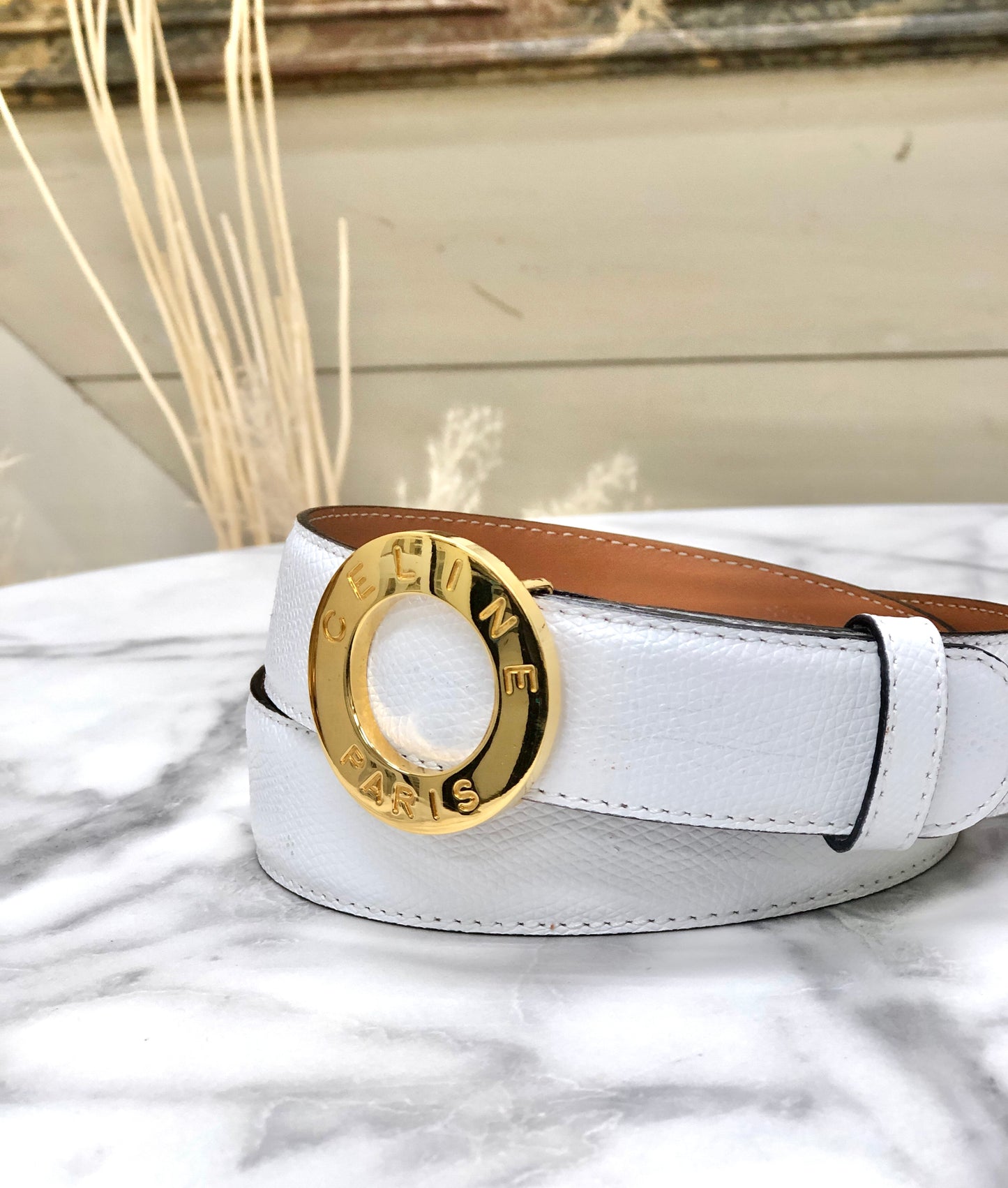 CELINE Circle Logo Leather Belt White Vintage 5absrf