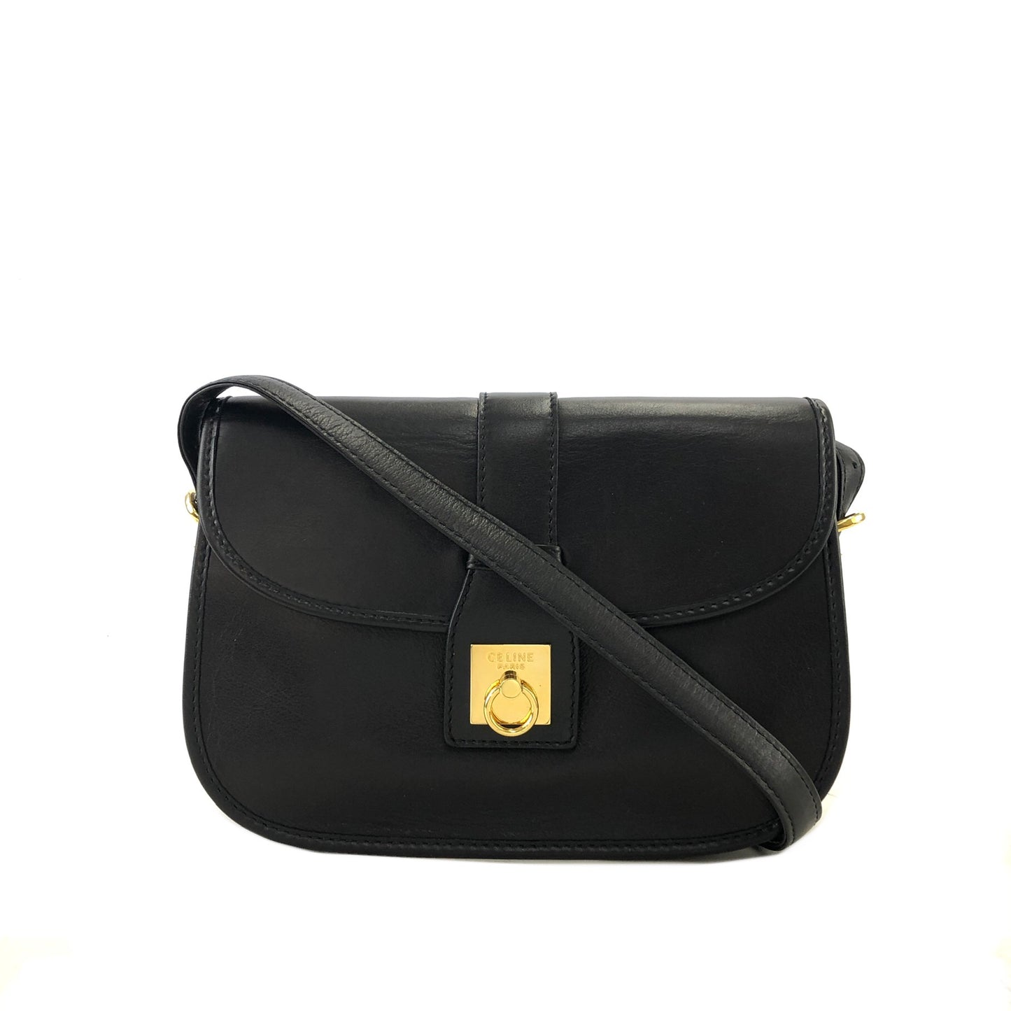 CELINE Gancini Round Leather Shoulder bag Black Vintage s8bsaf