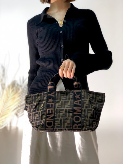 FENDI Zucca Logo Motif Jacquard Handbag Brown Vintage bczppj