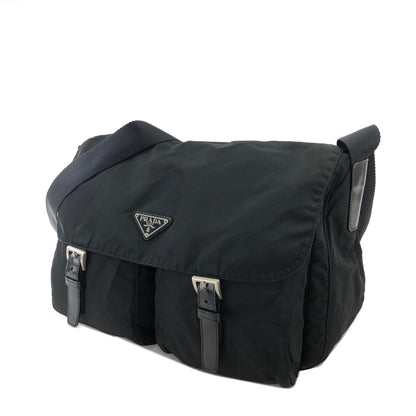 PRADA Triangle Logo Double Pocket Nylon Shoulder bag Black Vintage rnrirz