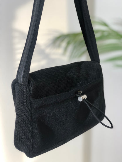 PRADA Triangle Logo Knit Shoulder bag Hobobag Black Vintage bdfyh6