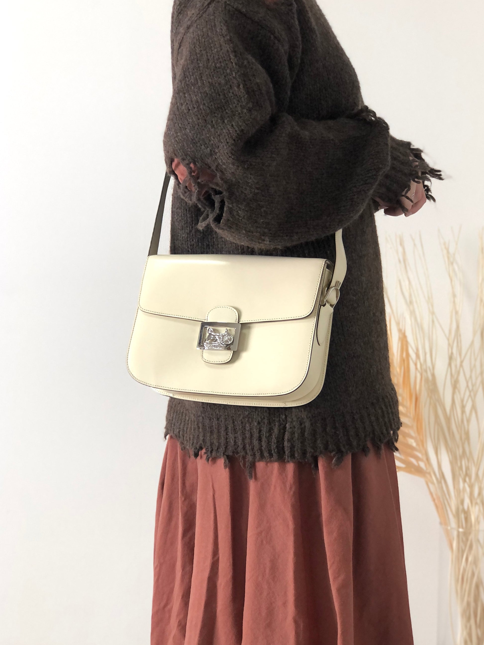 CELINE Horse Carriage Leather Crossbody Shoulder bag White Vintage