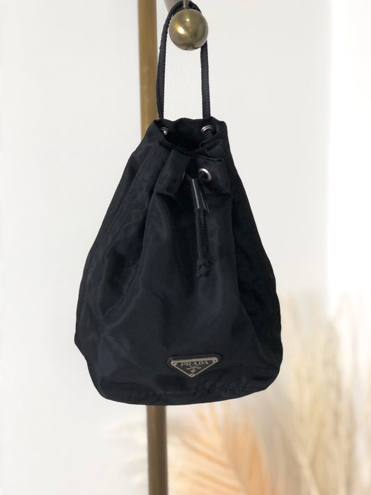PRADA Triangle Logo Nylon Drawstring Small Handbag Black Vintage s2v2ex