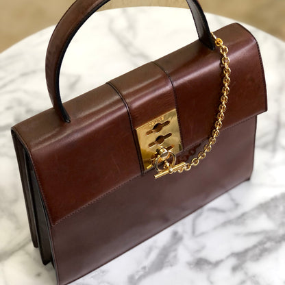 CELINE Triple Gancini Mantel Kelly Leather Handbag Brown vintage Old Celine iz86nn