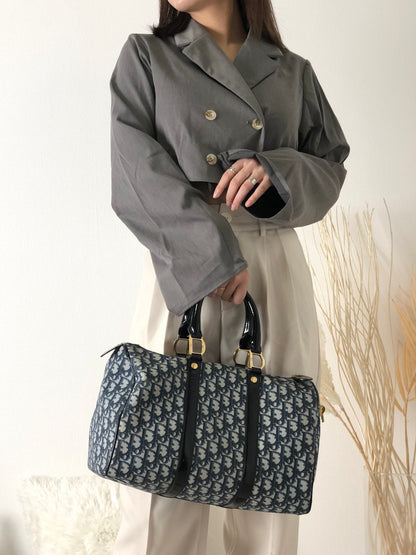 Christian Dior Trotter 掛鎖漆面手柄手提包波士頓包海軍藍復古 em4wmx 