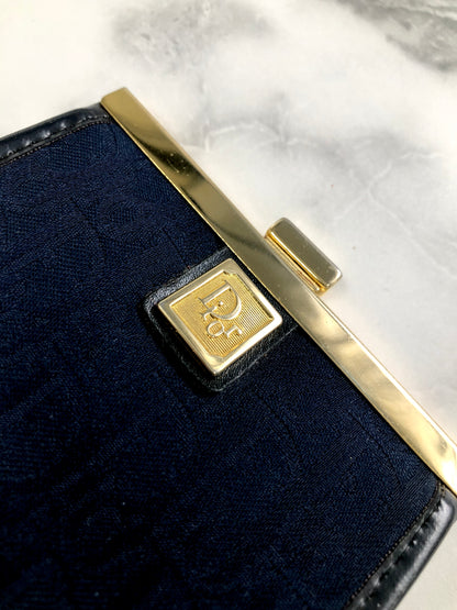 Christian Dior Trotter Logo Jacquard Leather Metal Clasp Coin Purse Navy Vintage pjbgby