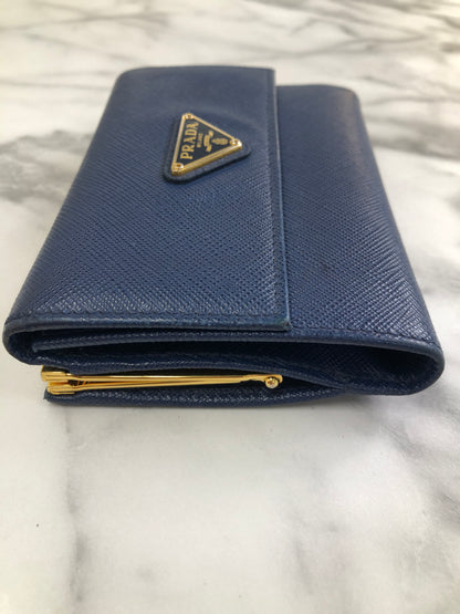 PRADA Triangle Logo Metal Clasp Leather Trifold Wallet Blue Vintage hdcmeb