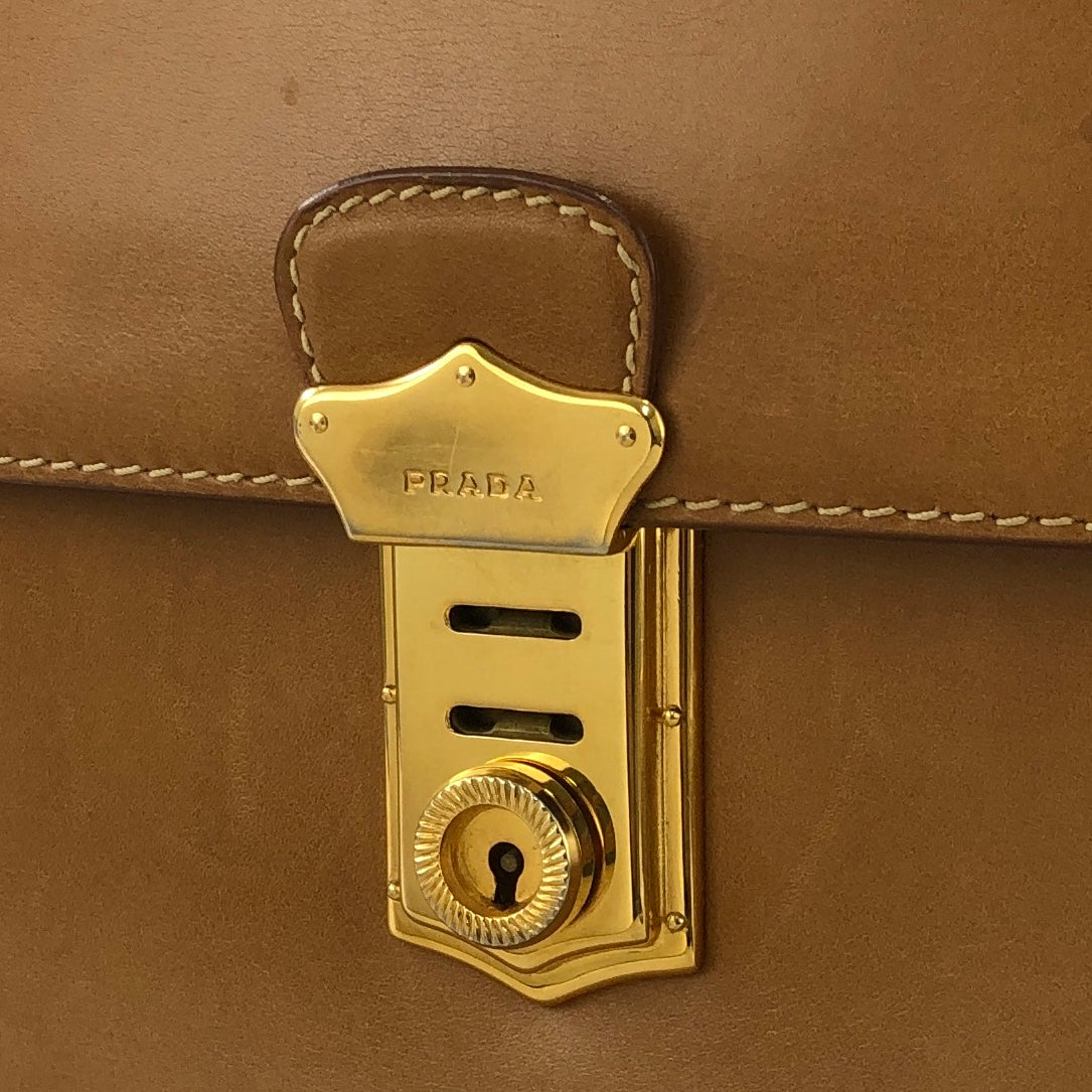 PRADA Metal Closure Leather Handbag Camel Vintage hktpxe