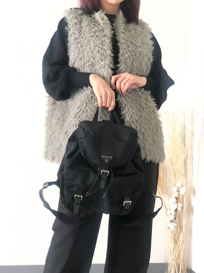 PRADA Triangle Logo Double Pocket Nylon Backpack Black Vintage izcwku