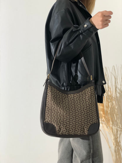 CELINE Macadam  Jacquard Leather Shoulder bag Hobobag Brown Vintage afg23s