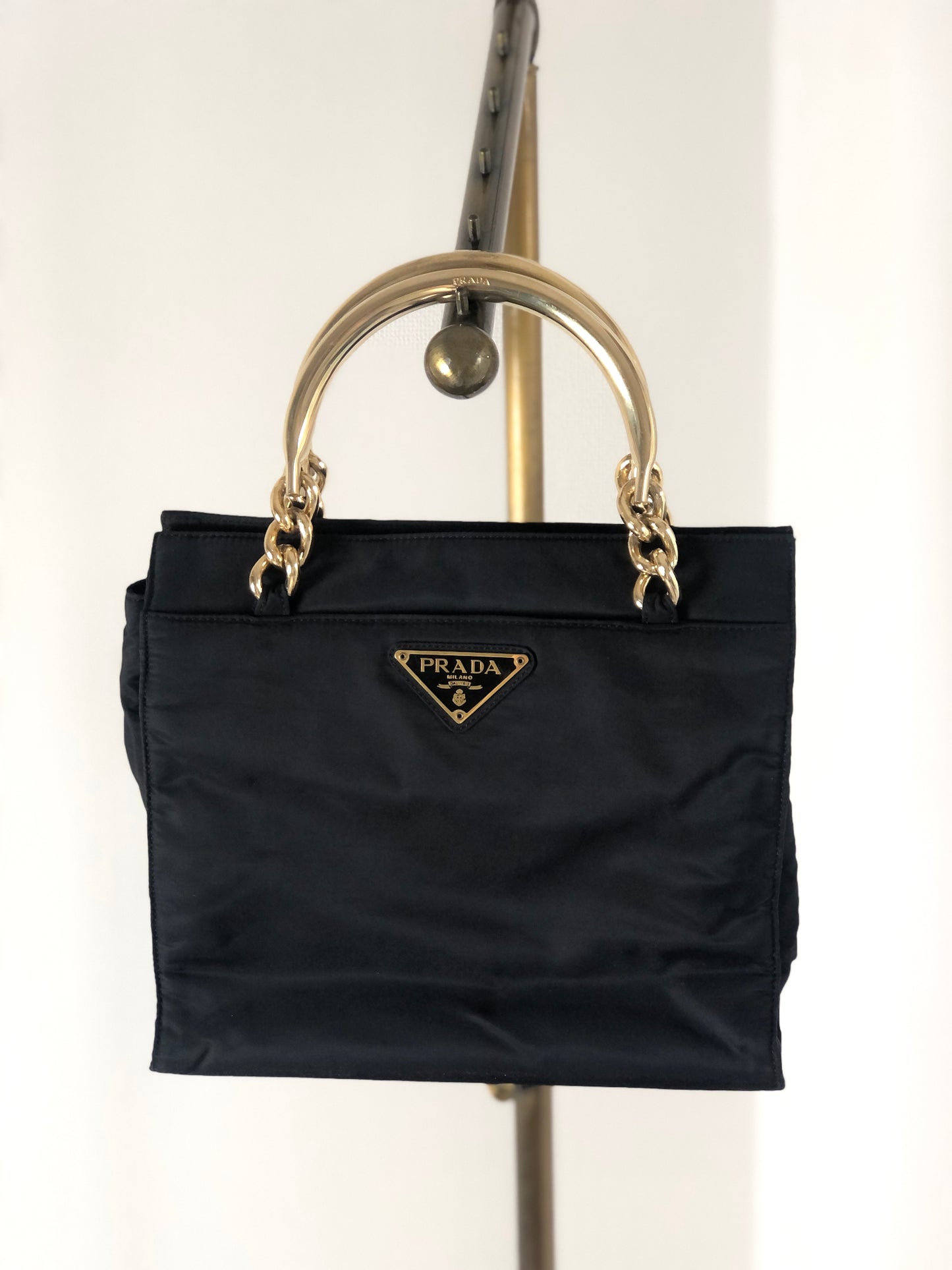 PRADA Triangle Logo Metal Handle Nylon Handbag Black Vintage h8jhkk