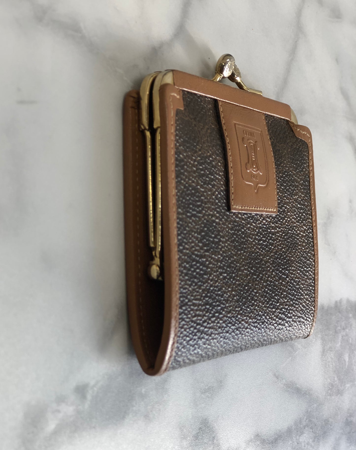 CELINE Macadam Blason Leather Clasp Coin Case Brown Vintage Old Celine h2abav