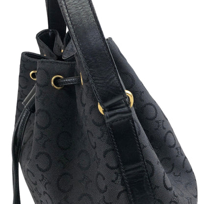 CELINE Macadam Jacquard Leather Drawstring Shoulder bag Black Vintage re32m6