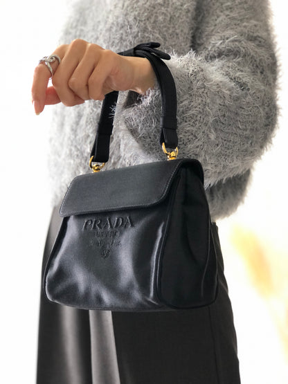 PRADA Logo Motif Satin Handbag Black Vintage 5vsuzi