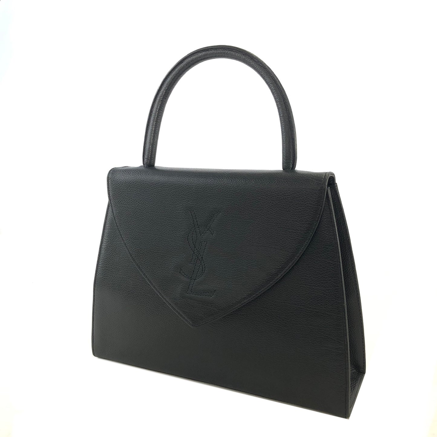 Yves Saint Laurent YSL Logo Logo Motif Embossed Leather Handbag Black Vintage c6yh7n