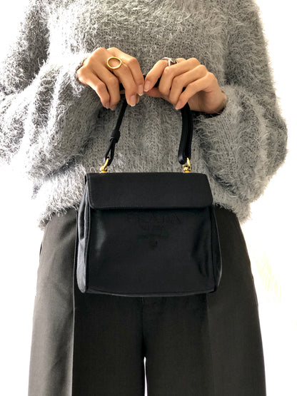 PRADA Logo Motif Satin Handbag Black Vintage 5vsuzi