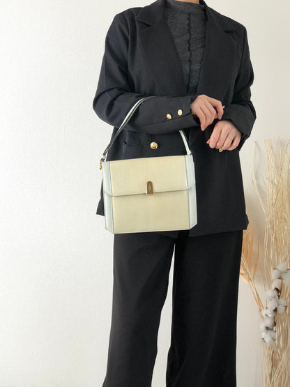 Yves Saint Laurent YSL Logo Lizard Leather Two-way Handbag Shoulder bag Beige Vintage yzf4gb