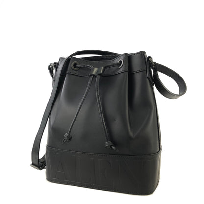 VALENTINO GARAVANI Logo Leather Drawstring Shoulder bag Black Vintage vxthd4