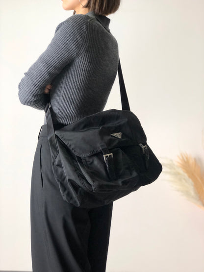 PRADA Triangle Logo Double Pocket Nylon Shoulder bag Black Vintage rnrirz