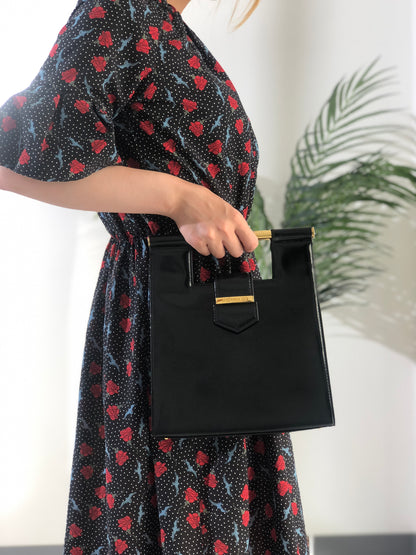 Yves Saint Laurent Logo Metal Bar Handle Leather Handbag Black Vintage vgabsa