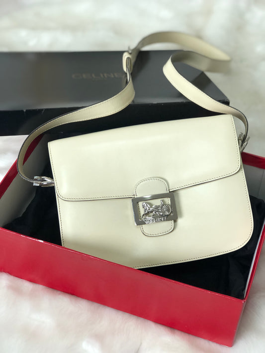 CELINE Horse Carriage Leather Crossbody Shoulder bag White Vintage xndfdh