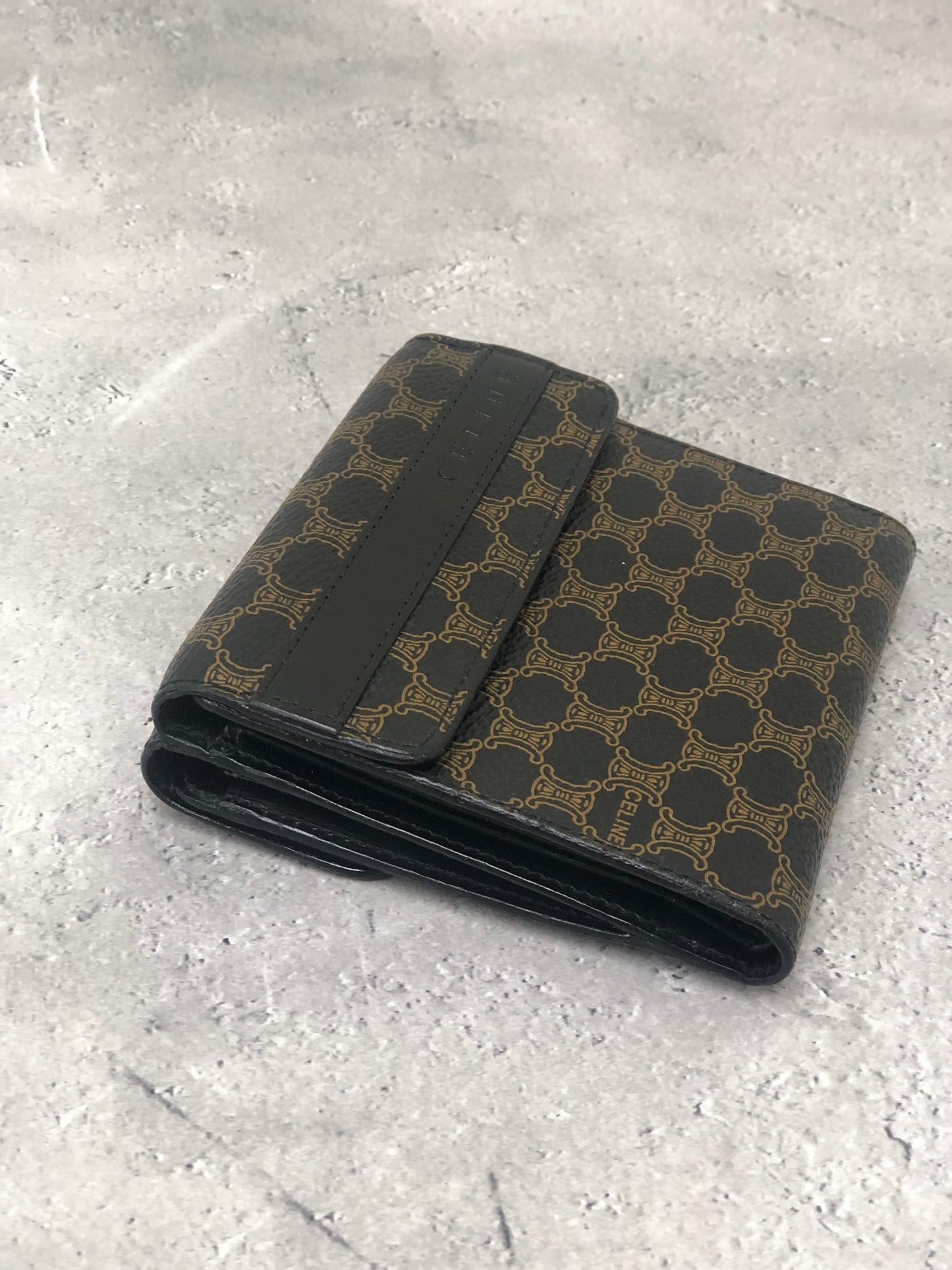 CELINE Macadam Logo Embossed Folded Wallet Black Vintage tw453e