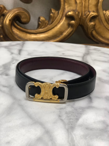 CELINE Triomphe Beversible Leather Belt Black Bordeaux Vintage p2adzk