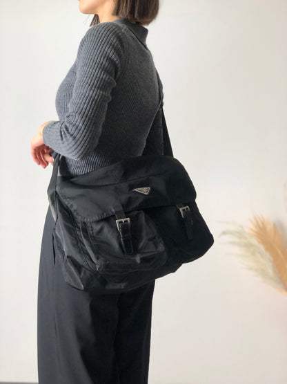 PRADA Triangle Logo Double Pocket Nylon Shoulder bag Black Vintage rnrirz