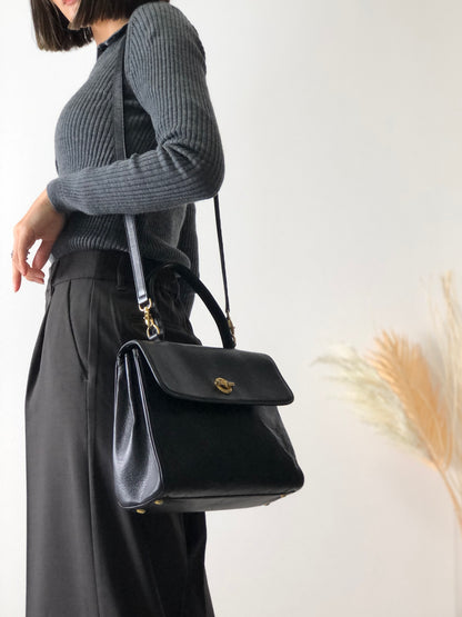 CELINE 扣環皮革雙向手提包單肩包黑色復古 g8ng5z 