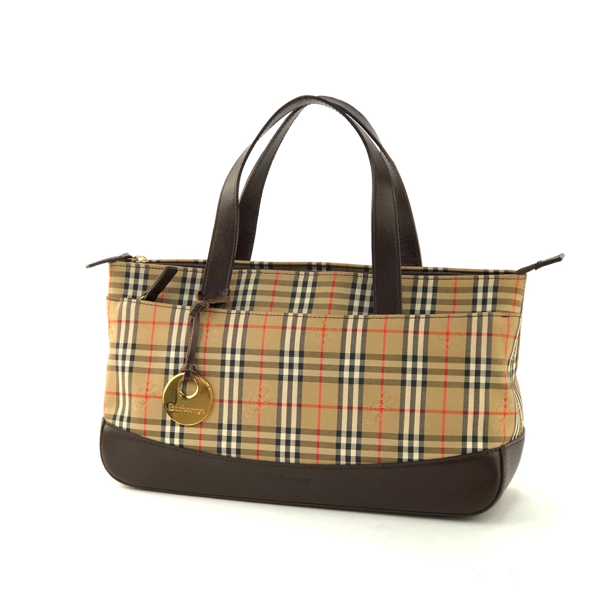 BURBERRY: Title bag in leather and Vintage Check print fabric - Beige