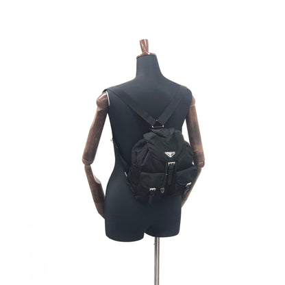 PRADA Triangle Logo Double Pocket Nylon Leather Backpack Black Vintage mkjw48