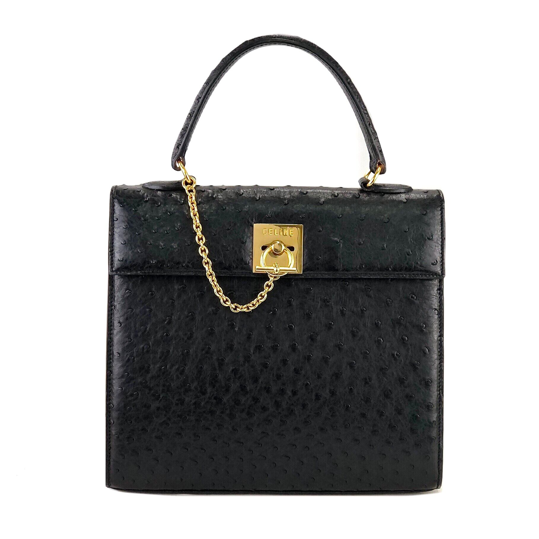 CELINE Mantel Chain Gancini Ostrich Leather Kelly Handbag Black