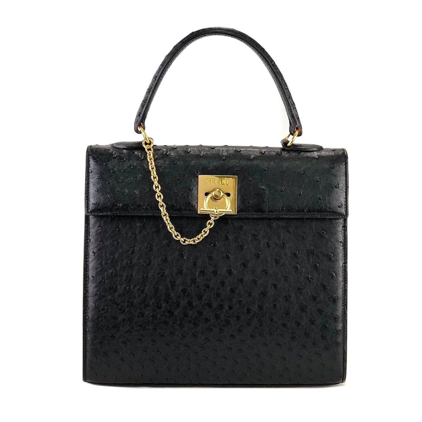 CELINE Mantel Chain Gancini Ostrich Leather Kelly Handbag Black Vintag –  VintageShop solo