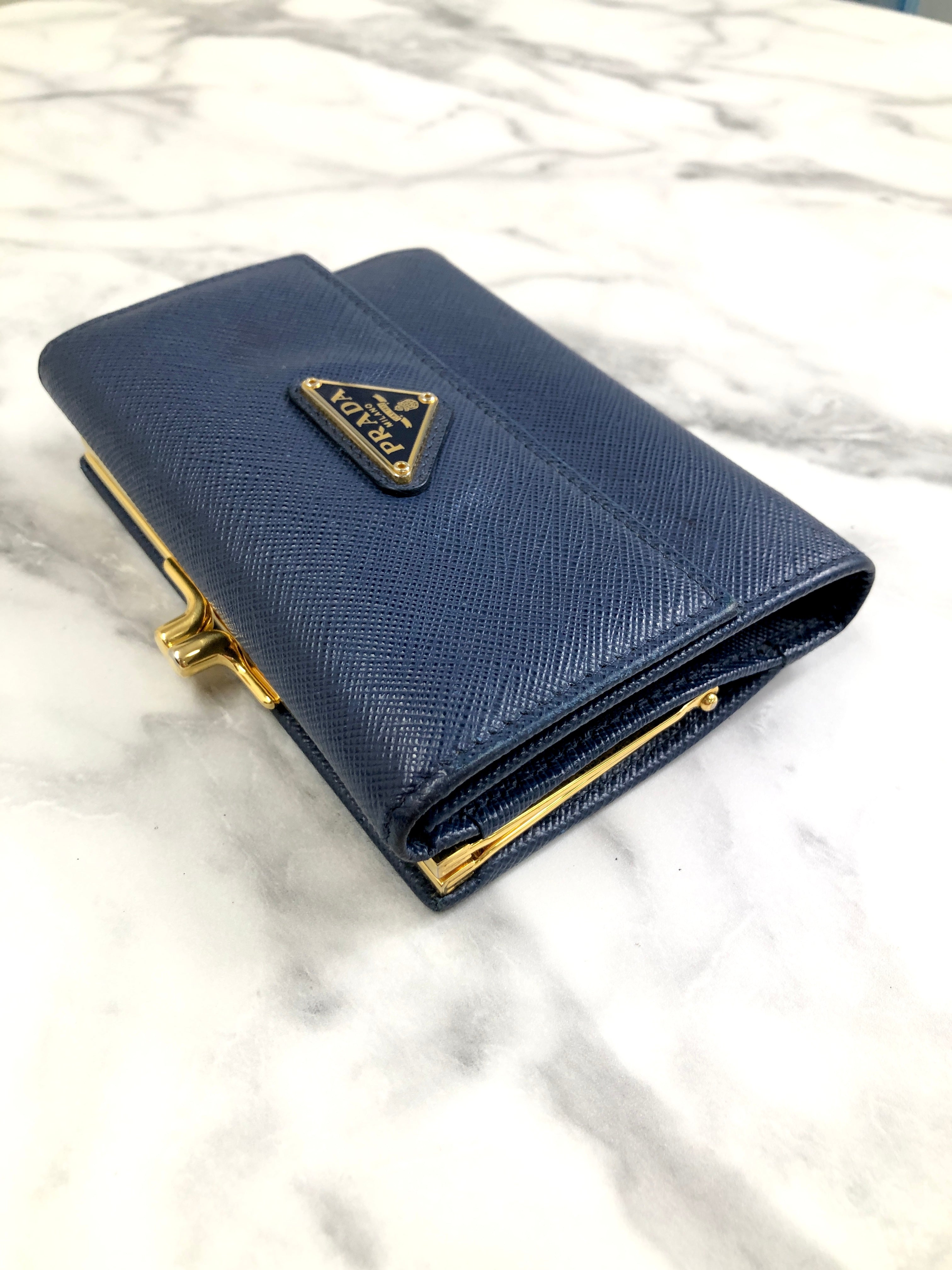 PRADA Triangle Logo Metal Clasp Leather Trifold Wallet Blue Vintage hdcmeb