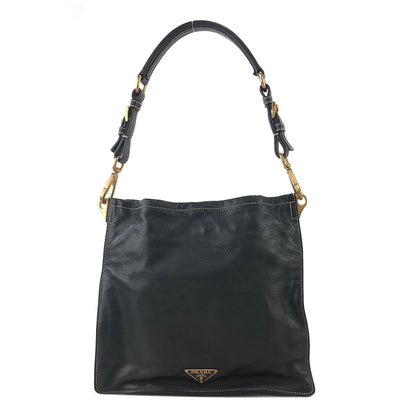 PRADA Triangle Logo Leather Shoulder bag Black Vintage 32faxx