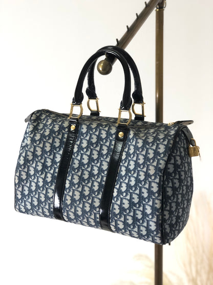 Christian Dior Trotter 掛鎖漆面手柄手提包波士頓包海軍藍復古 em4wmx 