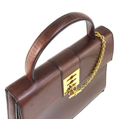 CELINE Triple Gancini Mantel Kelly Leather Handbag Brown vintage Old Celine iz86nn