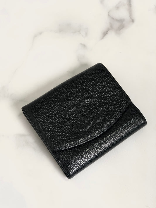 CHANEL Coco Mark Caviar Leather Folded Wallet Black Vintage 2ⅹ7xiw