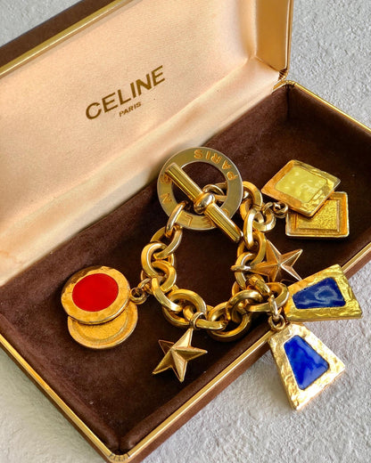 CELINE Logo Chene Dunkle Antique Star Bracelet Gold Red Vintage dxeabi
