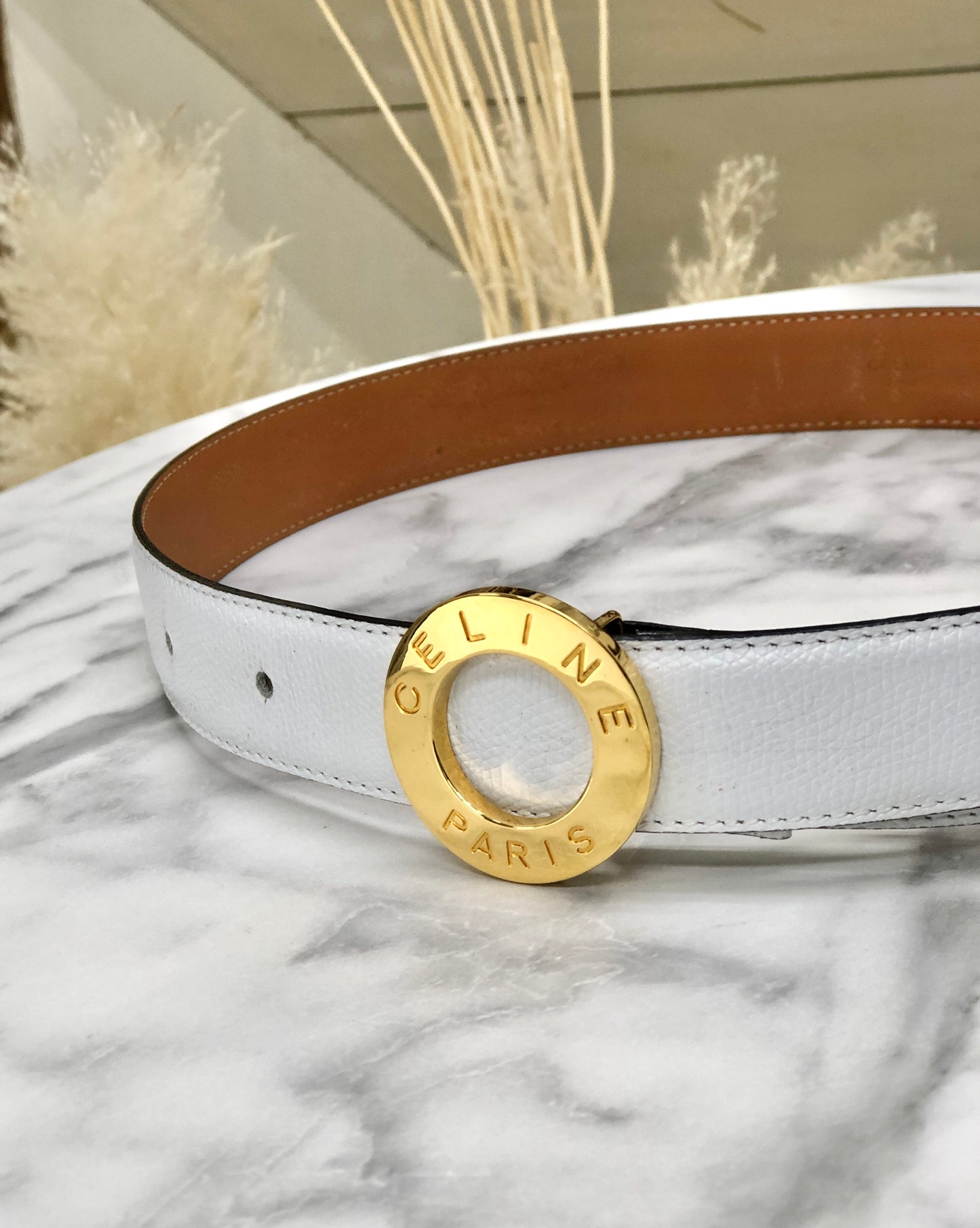 CELINE Circle Logo Leather Belt White Vintage 5absrf