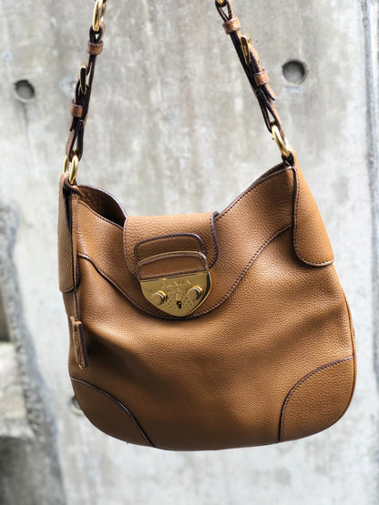 PRADA front lock logo leather hobo shoulder bag brown vintage b3ar2c