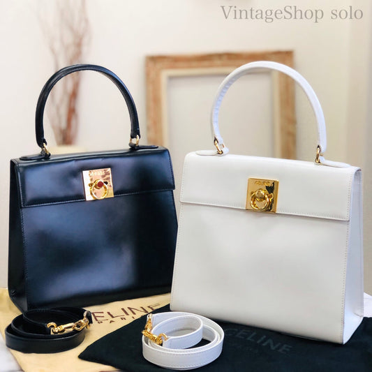 CELINE Gancini Mantel Kelly Leather Handbag 2WAY White Vintage Old 4fhnvz