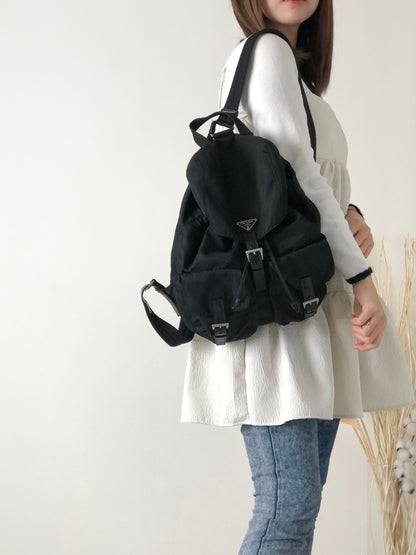 PRADA Triangle Logo Double Pocket Nylon Backpack Black Vintage dng5yz