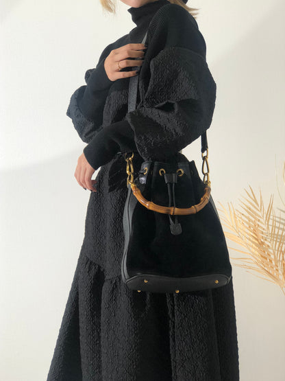 GUCCI Bamboo Handle Suede Two-way Drawstring Handbag Shoulder bag Black Vintage z3v3su