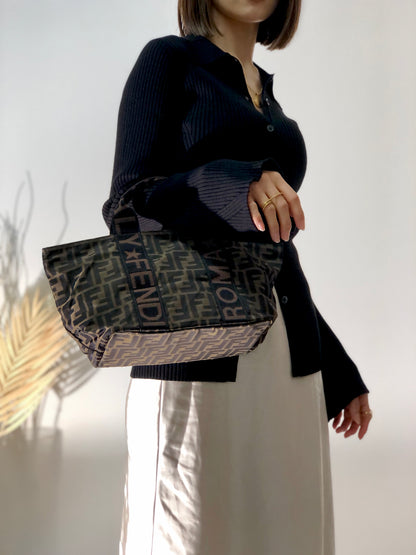 FENDI Zucca Logo Motif Jacquard Handbag Brown Vintage bczppj