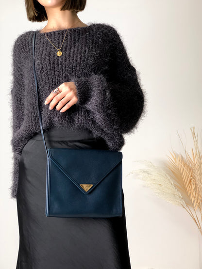 Yves Saint Laurent YSL Logo Leather Shoulder bag Navy Vintage 26gkij